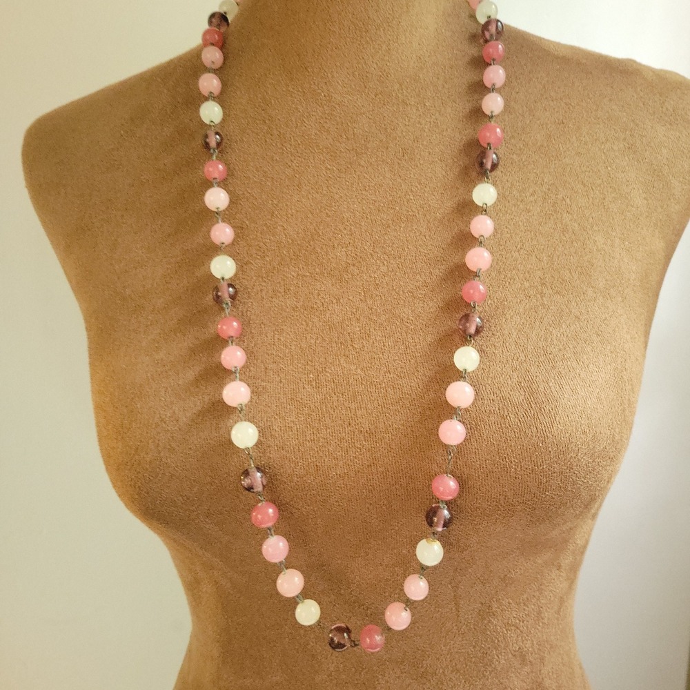 Vintage Pink Pastel Glass Bead Strand Long Necklace 30 Inch Cottagecore